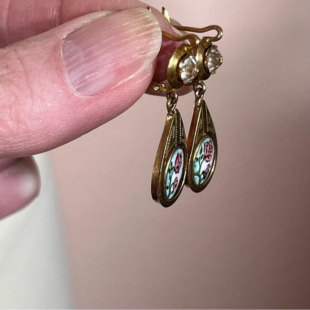 Antique Victorian gold Fill Art Nouveau Hand Painted Flowers Dangle Earring - Picture 4 of 13